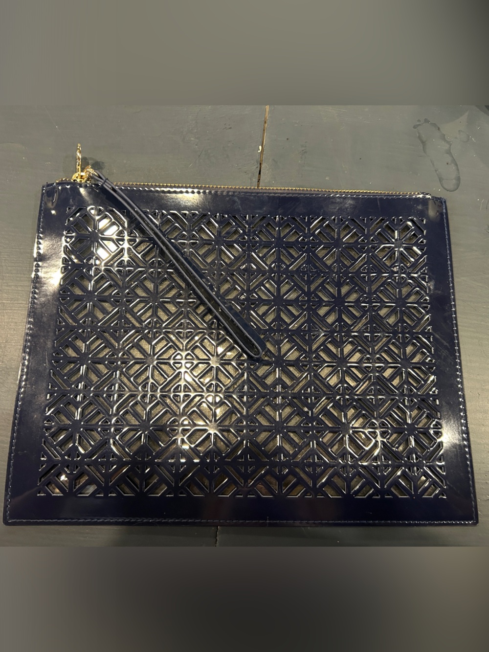 Navy Tory Burch Cutwork Leather Zip Pouch